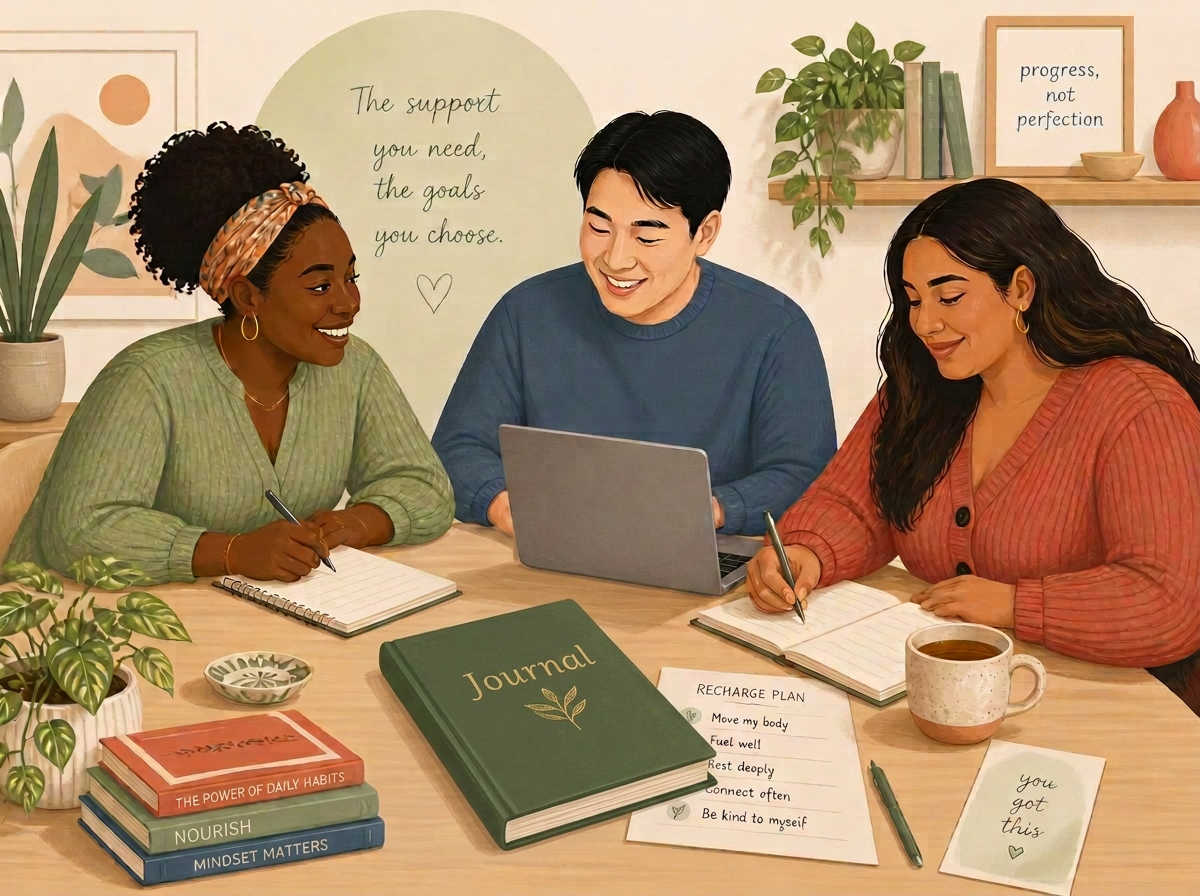 Three adults of different ethnicities planning together at a table with notebooks and a laptop.